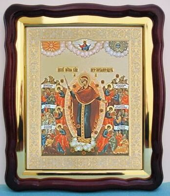 Всех скорбящих радость с грошиками Б.М., в фигурном киоте, с багетом. Большая аналойная икона (28 Х 32)