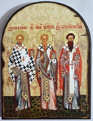 Николай Чудотворец, Иоанн Милостивый, Василий Исповедник, икона под старину JERUSALEM, арка (13 Х 17)