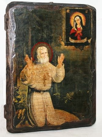 Серафим Саровский (моление на камне), икона под старину, сургуч (17 Х 23)