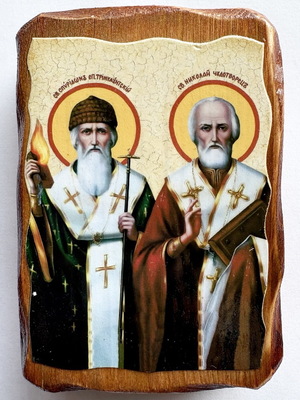 Спиридон Тримифунтский и Николай Чудотворец, икона под старину, на дереве (8Х10)