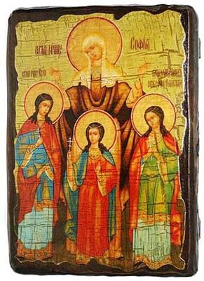Вера, Надежда, Любовь и мать их София,икона под старину, сургуч (17 Х 23)