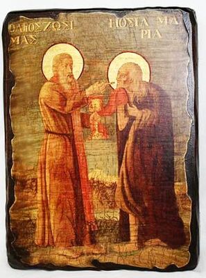 Мария Египетская и Зосима Палестинский, икона под старину, сургуч (13 Х 17)