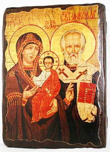 Николай и Богородица, икона под старину, сургуч (17 Х 23)