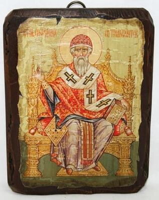 Спиридон Тримифунтский (трон), икона под старину, сургуч (13 Х 17)