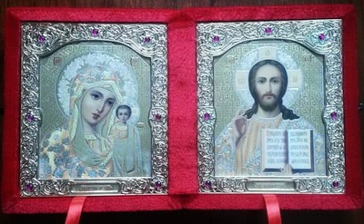 Складень бархат (3), малый, риза, желтые одеяния, лик 10Х12