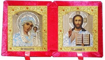 Складень бархат (Б-22-1-КБО) цвет красный, малый, белые одеяния, лик 10Х12