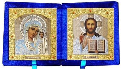 Складень бархат (Б-22-1-СБО) цвет синий, малый, белые одеяния, лик 10Х12