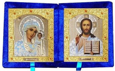 Складень бархат (Б-21-1-СБО) цвет синий, средний, белые одеяния, лик 15х18