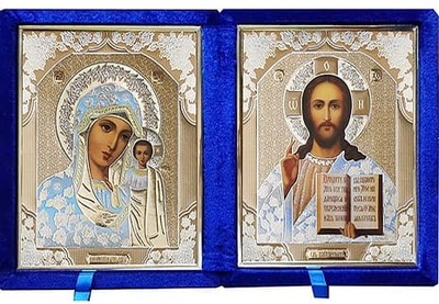 Складень бархат (Б-1518-ВМ-1-СБО) цвет синий, белое одеяние, вынимающийся лик 15Х18