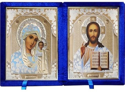 Складень бархат (Б-1724-1-СБО) цвет синий, большой, белые одеяния, лик 17х24