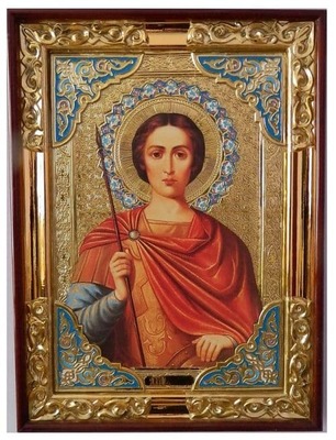 Дмитрий Солунский (кр.тун), в прямом киоте, с багетом. Храмовая икона (58 Х 79)