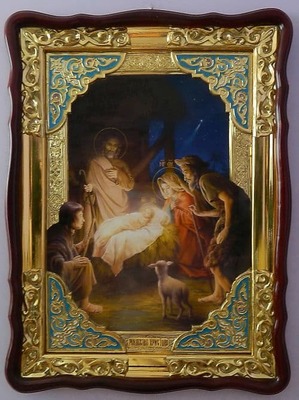 Рождество Христово, в фигурном киоте, с багетом. Храмовая икона (60 Х 80)