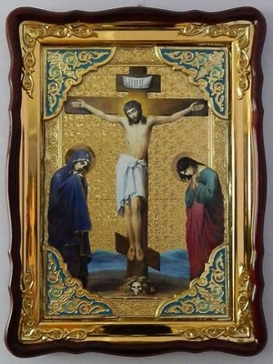 Голгофа, в фигурном киоте, с багетом. Храмовая икона (60 Х 80)