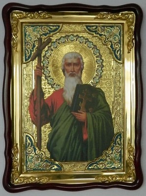 Апостол Андрей (пояс, крест), в фигурном киоте, с багетом. Храмовая икона (60 Х 80)