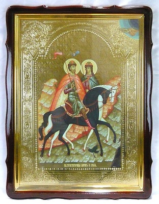 Борис и Глеб (верхом), в фигурном киоте, с багетом. Храмовая икона 60 Х 80 см.