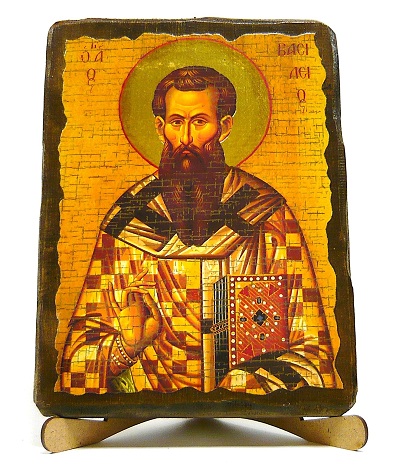 Василий Великий, икона под старину, на дереве (17х23)