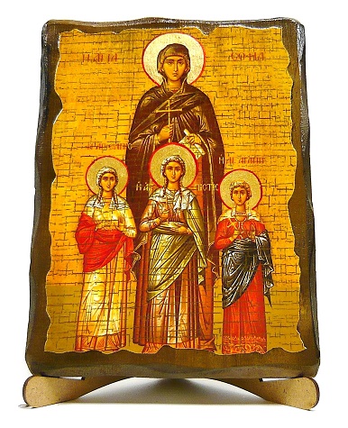 Вера, Надежда, Любовь и мать их София, икона под старину, на дереве (17х23)