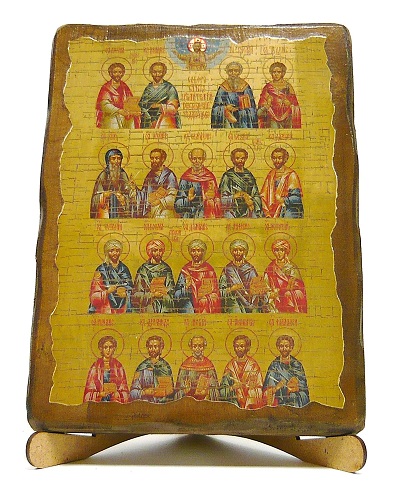 Собор целителей, икона под старину, на дереве (17х23)
