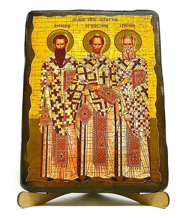 Три святителя Василий Великий, Григорий Богослов и Иоанн Златоуст, икона под старину, на дереве (17х23)