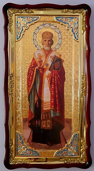 Николай Чудотворец в митре (рост), в фигурном киоте, с багетом. Большая Храмовая икона (61 х 112)