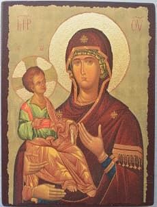 Троеручица Б.М.(золотой фон), икона под старину JERUSALEM панорамная, с клиньями (13 Х 17)