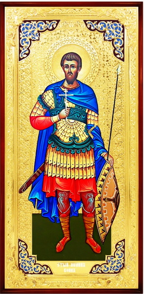 Иоанн Воин (рост, щит). Храмовая икона в прямом композитном киоте, с багетом, 64 Х 125