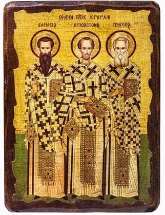Три святителя Василий Великий, Григорий Богослов и Иоанн Златоуст, икона под старину, сургуч (13 Х 17)