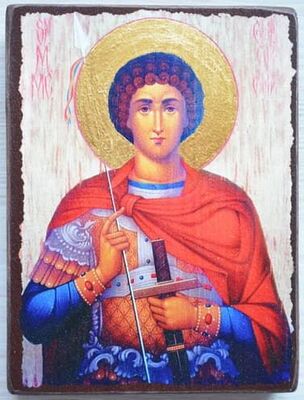 Георгий Победоносец (пояс, светлый фон), икона под старину JERUSALEM панорамная, с клиньями (13 Х 17)