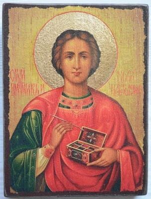Пантелеймон (золотой фон), икона под старину JERUSALEM панорамная, с клиньями (13 Х 17)