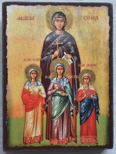 Вера, Надежда, Любовь, и мать их София (рост), икона под старину JERUSALEM панорамная, с клиньями (13 Х 17)