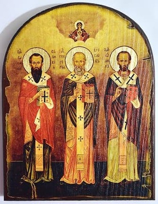 Василий Великий, Иоанн Златоуст, Григорий Двоеслов, Святители, икона под старину JERUSALEM, арка (13 Х 17)