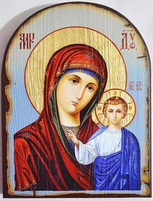 Казанская Б.М. (голубой фон), икона под старину JERUSALEM, арка (13 Х 17)