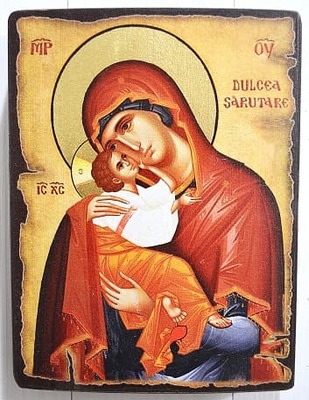 Богородица, Сладкое Лобзание, икона под старину JERUSALEM панорамная, с клиньями (13 Х 17)