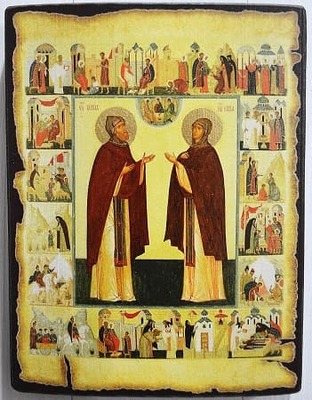 Кирилл и Мария Радонежские, икона под старину JERUSALEM панорамная, с клиньями (13 Х 17)
