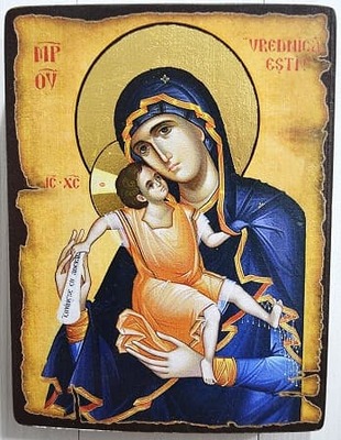Достойно Есть Б.М. (милующая), икона под старину JERUSALEM панорамная, с клиньями (13 Х 17)
