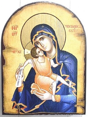 Достойно Есть Б.М. (милующая), икона под старину JERUSALEM, арка (13 Х 17)