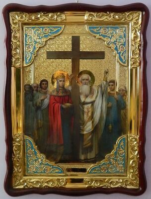Воздвижение Честного Креста Господня, в фигурном киоте, с багетом. Большая Храмовая икона (82 Х 114)