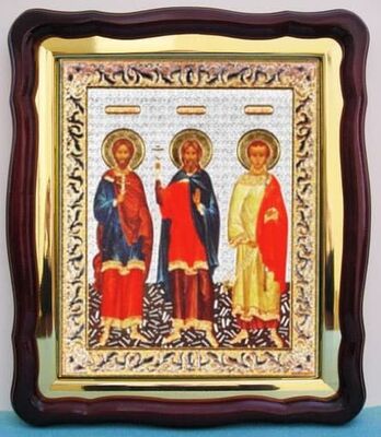 Самон, Гурий, Авив, в фигурном киоте, с багетом. Большая аналойная икона (28 Х 32)