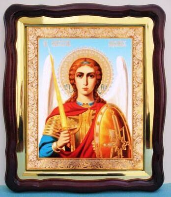 Арх. Михаил (пояс), в фигурном киоте, с багетом. Большая аналойная икона (28 Х 32)