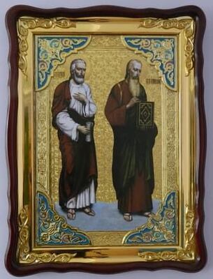 Апостолы Варфоломей и Иоанн Богослов., в фигурном киоте, с багетом. Храмовая икона 60 Х 80 см.