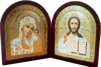 Складень бархат, арочный (Б-12-ГЛ-2-ББО) цвет бордовый, белое одеяние, лик 15Х18