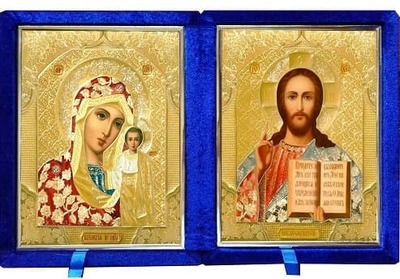 Складень бархат (Б-1518-ВМ-2-СЦО) цвет синий, цветное одеяние, вынимающийся лик 15Х18