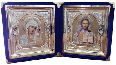 Складень бархатный с кованными уголочками (Б-2К-1-СБО) цвет синий, белое одеяние, не вынимающийся лик 15х18