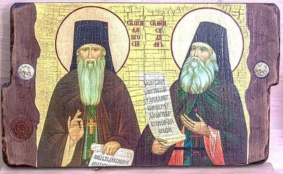 Амвросий и Силуан Св. Прп., икона под старину, сургуч, (30x17)