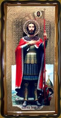 Александр Невский (рост), в фигурном киоте, с багетом. Большая Храмовая икона 120 х 230 см.