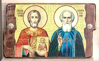 Дмитрий Донской Св.Блв. и Сергий Радонежский Св. Прп., икона под старину, сургуч, (30x17)