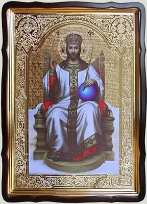 Спаситель на троне, в фигурном киоте, с багетом. Храмовая икона 60 Х 80 см.