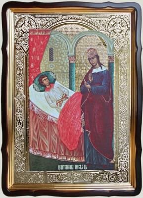 Целительница Б.М., в фигурном киоте, с багетом. Храмовая икона 60 Х 80 см.