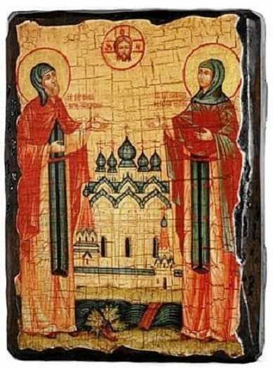 Петр и Феврония, икона под старину, на дереве (8x10)