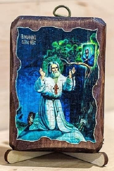 Серафим Саровский (моление на камне), икона под старину, на дереве (8x10)